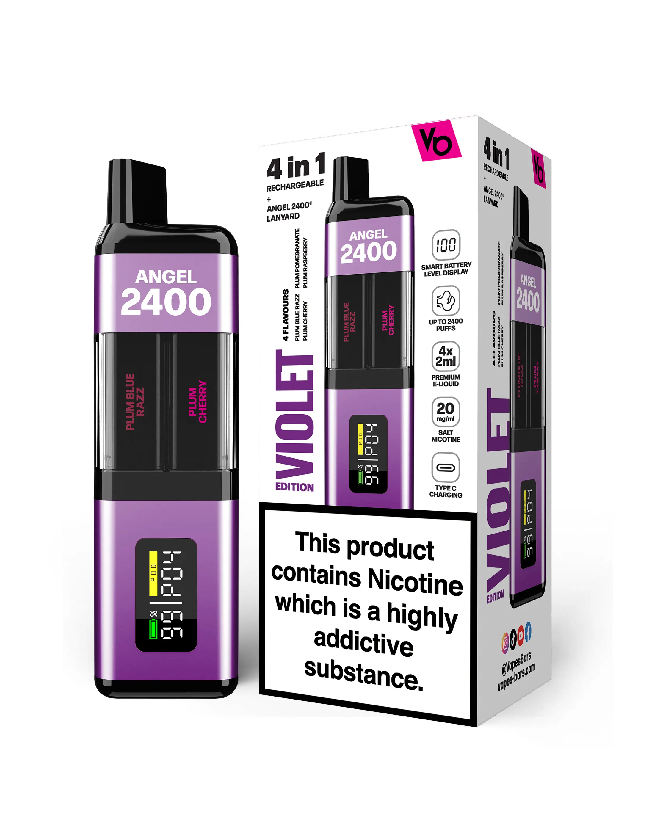  Violet Edition Angel 2400 Rechargeable Disposable Vape by Vapes Bars 20mg 